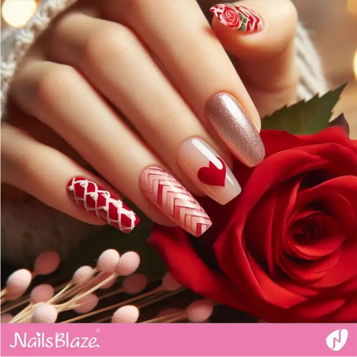 Glossy Heart and Rose Nails with Herringbone Accent | Valentine Nails - NB2792